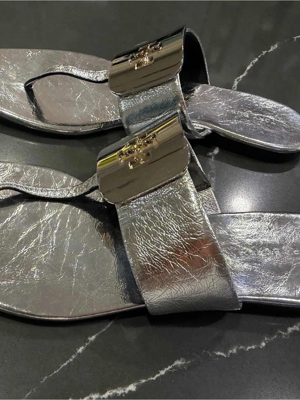 Tory Burch Silver Metallic Thong Slide Sandals